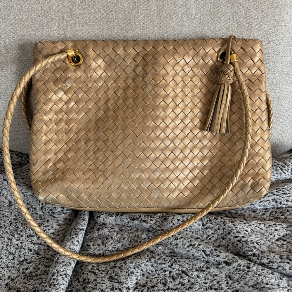 Bottega Veneta Vintage Gold Woven Intrecciato Leather Double Strap Bag authentic - Picture 2 of 12